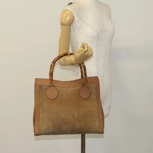 GUCCI Bamboo Hand Bag Suede Beige Gold